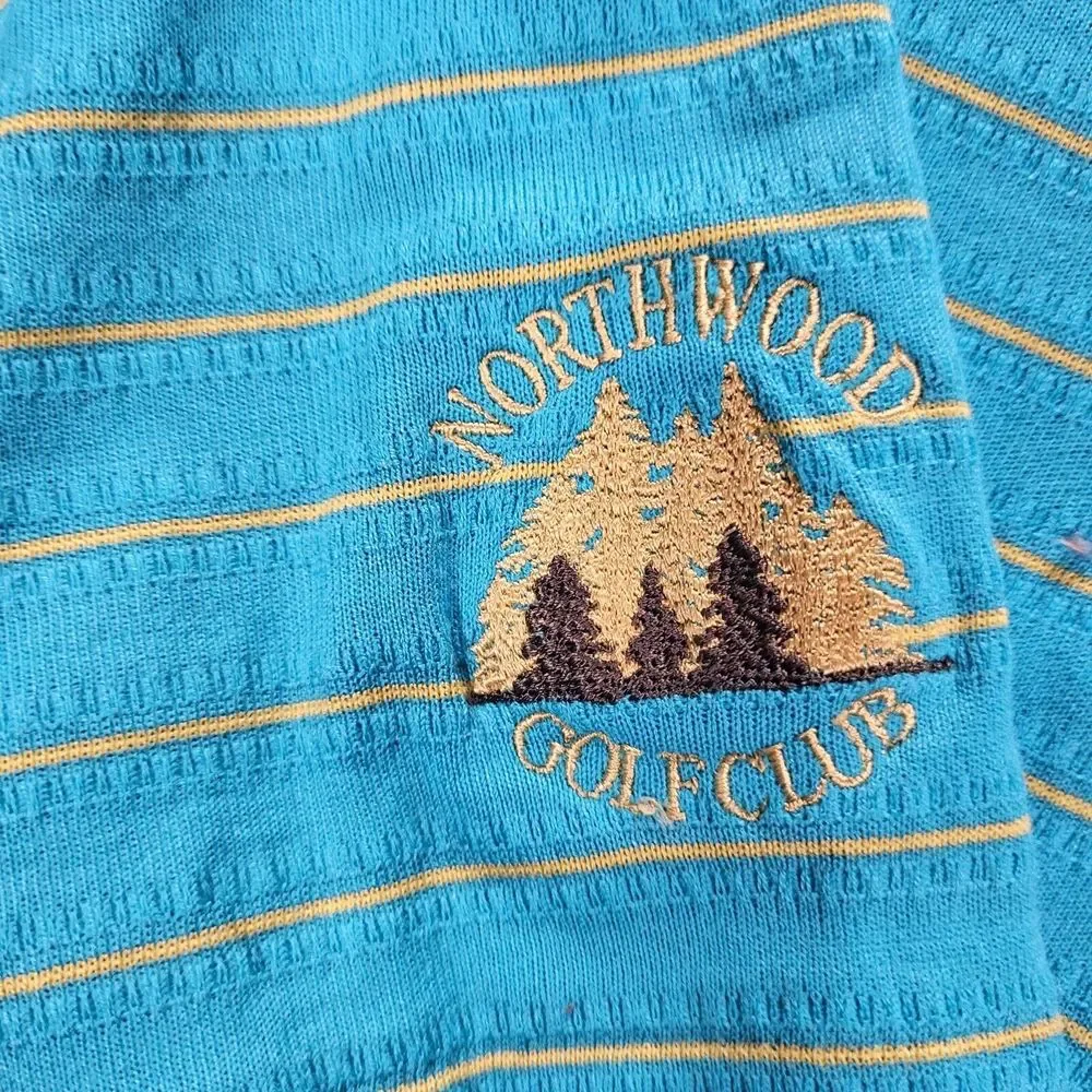Nike Fit Dry Tiger Woods Men's Medium Blue Yellow Stripe Polo‎ golf course logo